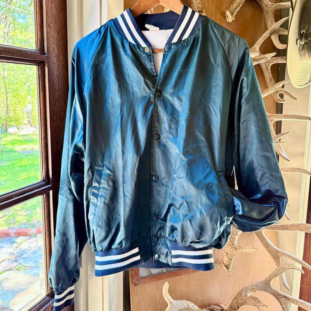 Vintage USA Satin Varsity Bomber Jacket Navy Snap Front Blank Made USA M